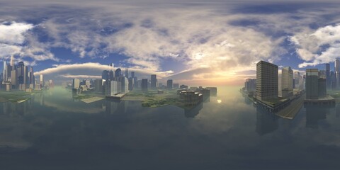 HDRI, environment map, Round panorama, spherical panorama, equidistant projection, city above water
3D rendering