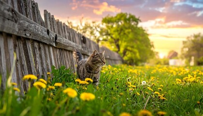 Cat in a Dandelion Field at Sunset.