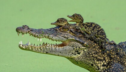 Obraz premium Crocodile with birds on head profile.