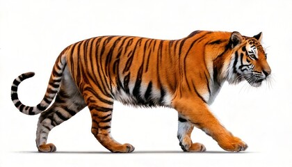 Obraz premium Majestic Bengal tiger walking with confidence on a white background.