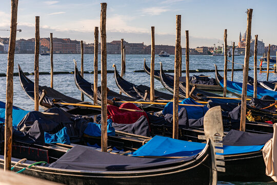 Close-up of gondolas in a Venetian Lagoon on a winter morning, Venice, Veneto, Italy