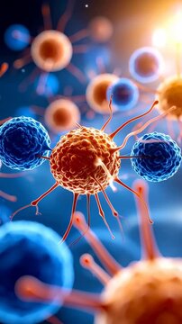 Detailed microscopic view of mutated cancer cells with complex structures and tendrils on a dark blue background