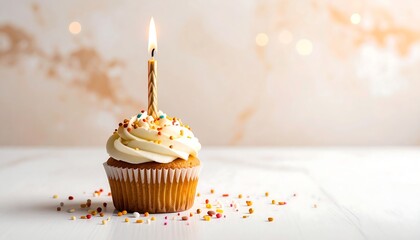 Celebratory Cupcake with a Lit Candle on a White Surface.