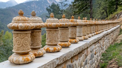 Ornate Stone Balustrade with Mountain Backdrop.