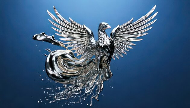 Majestic Silver Eagle Sculpture with Wings Spread Against Blue Background.