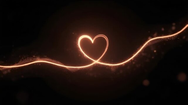 Glowing heart made of light line on dark background, romantic love symbol, warm golden glow, emotional abstract animation and modern cinematic visual concept