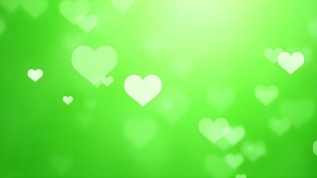 Green abstract background with floating heart shapes and soft bokeh light, romantic love animation, gentle motion design, emotional atmosphere and modern valentine visual concept