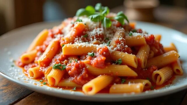 Pasta with tomato sauce and grated cheese served on plate. Italian cuisine dish, restaurant food presentation, homemade cooking style and delicious comfort meal concept