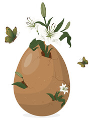 Cracked Easter Egg With Flowers and Butterflies isolated on transparent background, perfect for spring decor and eco concepts. Sustainable Easter concept. Eco easter design. Vector illustration