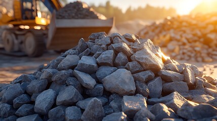 Pile of rocks at a construction site with heavy machinery in the background.