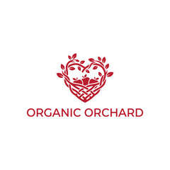 Heart shaped woven basket with apple fruits and leaves icon for natural farm produce or healthy grocery branding, Organic Orchard logo.