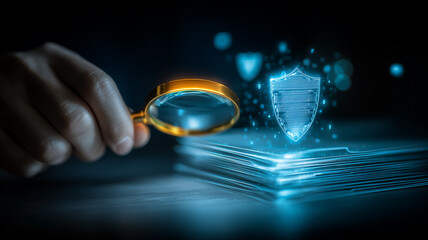 Hand holding magnifying glass over documents and security shield symbolizing audit, compliance review, and data protection.
