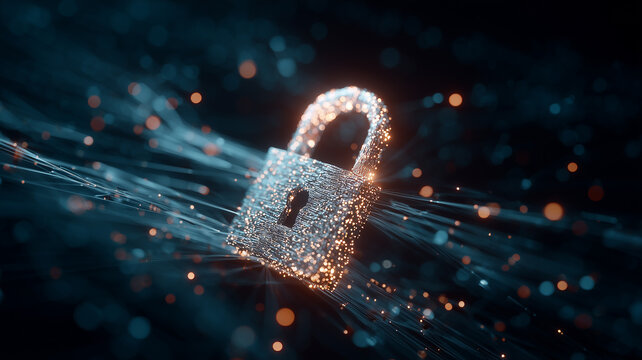 Open padlock formed by data particles symbolizing encryption, secure access and protection from cyber attacks.
