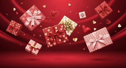 Obraz premium Festive Gift Boxes with Ribbons and Hearts for Celebration and Romance