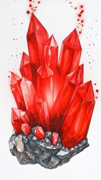 Vibrant cluster of red crystals with sparkling magical aura on a rocky base
