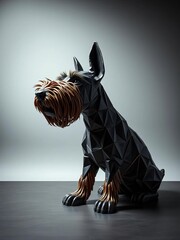 Airedale terrier sculpture, sharp angles, cool tones, graphic grit,  dutch angle,  clean lines