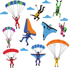 Skydiving and parachuting people performing extreme air sports activities colorful vector illustration set © KP Studio