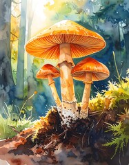 Watercolor rendering of orange mushrooms on mossy soil in a sunlit forest