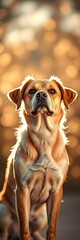 A regal dog's portrait, bathed in radiant light, its form emerging from a beautifully diffused background of creamy bokeh,  pet,  creamy bokeh