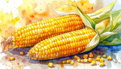 Watercolor rendering of two ears of corn with vibrant kernels and green husks on a reflective surface
