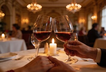 Obraz premium Close-up Valentine’s Day dinner scene with couple clinking wine glasses, soft candlelight reflections, warm romantic mood, shallow depth of field, elegant restaurant setting, cinematic composition