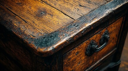 Rustic Wooden Drawer with Metal Accents and Rich Texture.