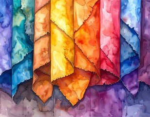 Watercolor rendition of vibrantly hued draped fabric. Each swatch displays a unique color and textural details