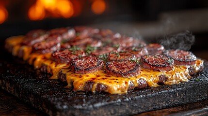 Sizzling meat  sausage with cheese.