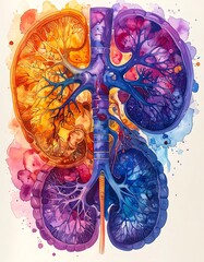 Watercolor rendition of colorful human kidneys and a connecting spine on a white background