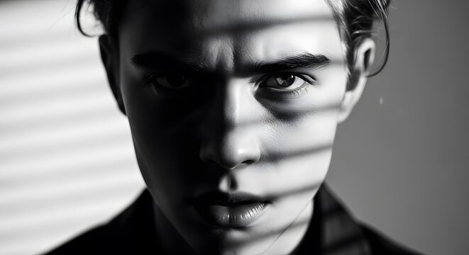 Dramatic Portrait of Young Man with Blind Shadows
