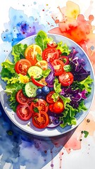 Watercolor salad with vibrant tomatoes, cucumbers, greens, and blueberries on a white plate, colorful background