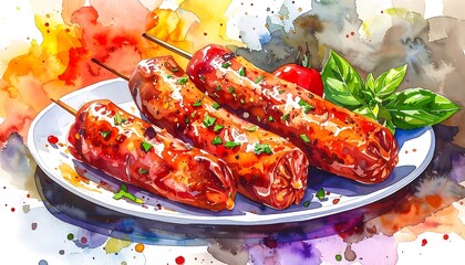 Watercolor sausages on skewers, arranged on a white plate with basil, against colorful abstract background