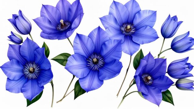 Vibrant blue clematis flowers and buds with green leaves on white background