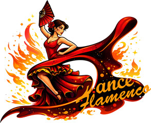 Dynamische digitale Illustration einer Flamenco-T&auml;nzerin in leidenschaftlicher Pose mit F&auml;cher und flie&szlig;endem Kleid. Die ausdrucksstarke Komposition mit feurigen Rot- und Oranget&ouml;nen,