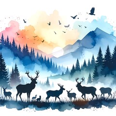 Watercolor scene of deer in a misty forest with mountains and birds at sunset with soft colors