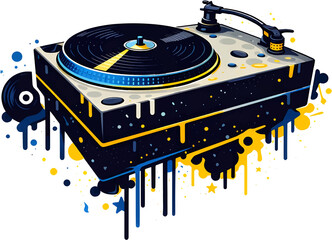 Moderne digitale Illustration eines Plattenspielers in dynamischer Street-Art-&Auml;sthetik mit flie&szlig;enden Farb- und Graffiti-Elementen. Die stilisierte Darstellung verbindet analoge Musiktechnik 