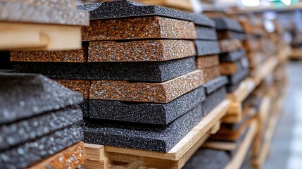 Stacked recycled rubber tiles on wooden pallets in a warehouse, ready for distribution and sustainable construction projects.