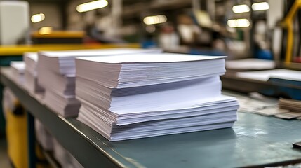 Stacks of paper in factory.