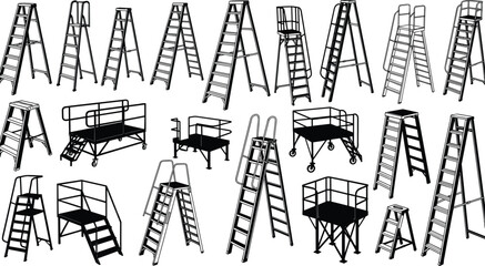Step ladder and industrial platform collection featuring scaffolding stairs and warehouse safety equipment in cad drawing flat vector illustration set © Farzana