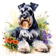 Watercolor schnauzer illustration with floral accents. Soft colors & light style on white backdrop, gentle & serene