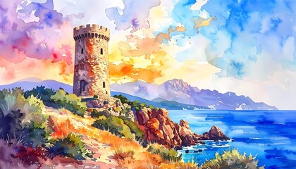 Watercolor seascape featuring a stone tower on a cliff, vibrant sky, and distant mountains