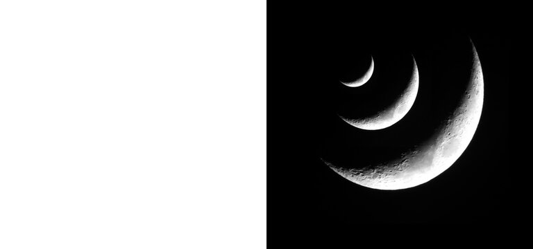 Three crescent moon phases with detailed lunar surface textures showing craters on transparent and black backgrounds for space science concept