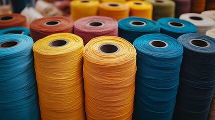 Vibrant Spools of Colorful Yarn and Thread for Textile and Craft Projects.
