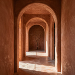 Naklejka premium Minimalist Hallway with Terracotta Clay Walls and Arches