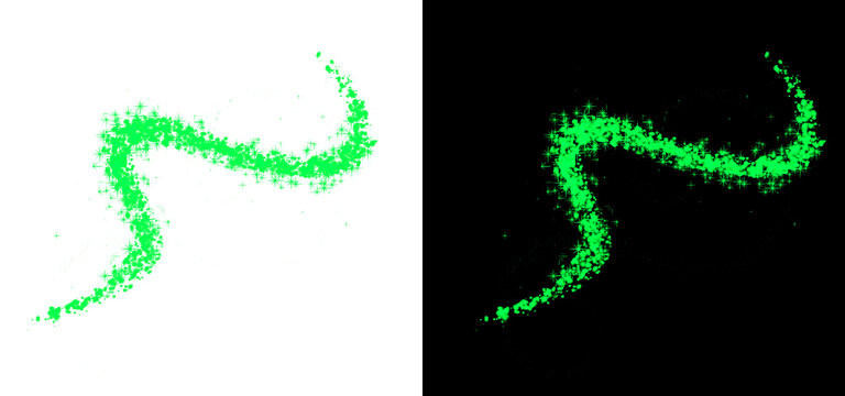Green magic particles trail with sparkling glitter stars isolated on black and transparent background for vibrant fantasy design elements