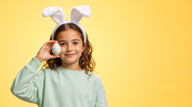Smiling young girl wearing bunny ears and holding a decorated Easter egg. Happy child celebrating spring holiday on yellow background. Copy space for text. Easter banner concept