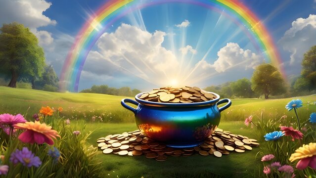 A vibrant blue pot overflowing with shimmering gold coins rests beneath a brilliant rainbow in a lush green springtime meadow landscape.