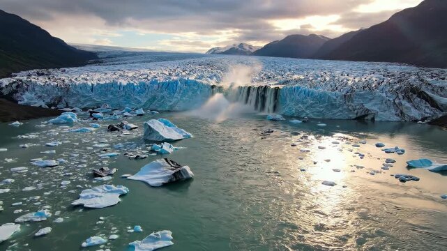 Revealing aerial shot of perito moreno glacier waterfall