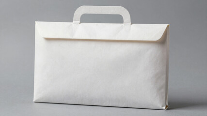 White felt laptop sleeve with velcro flap placed upright on light studio background