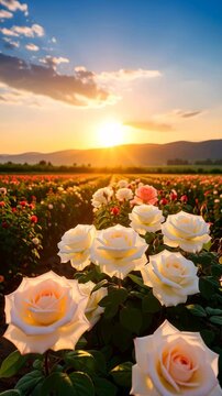 Vast rose field at sunrise with golden sun rays illuminating the sky and distant mountains